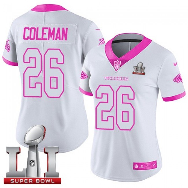 Women's Falcons #26 Tevin Coleman White Pink Super Bowl LI 51 Stitched NFL Limited Rush Jersey