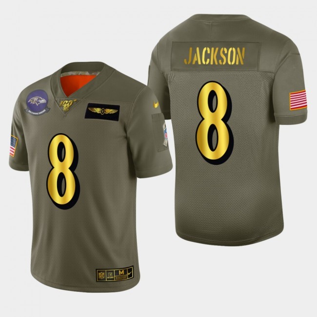 Baltimore Ravens #8 Lamar Jackson Men's Nike Olive Gold 2019 Salute to Service Limited NFL 100 Jersey