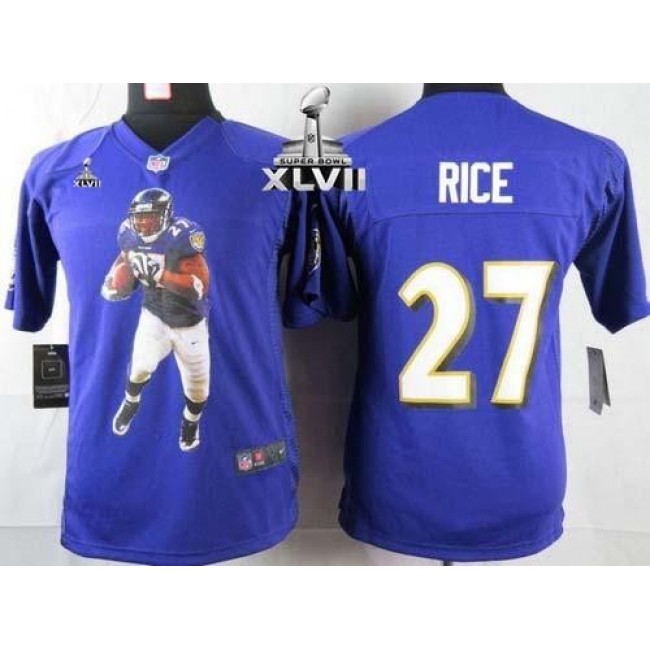 Baltimore Ravens #27 Ray Rice Purple Team Color Super Bowl XLVII Youth Portrait Fashion NFL Game Jersey