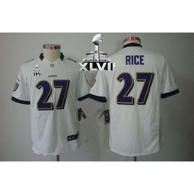 Baltimore Ravens #27 Ray Rice White Super Bowl XLVII Youth Stitched NFL Limited Jersey