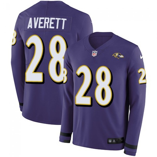 Nike Ravens #28 Anthony Averett Purple Team Color Men's Stitched NFL Limited Therma Long Sleeve Jersey