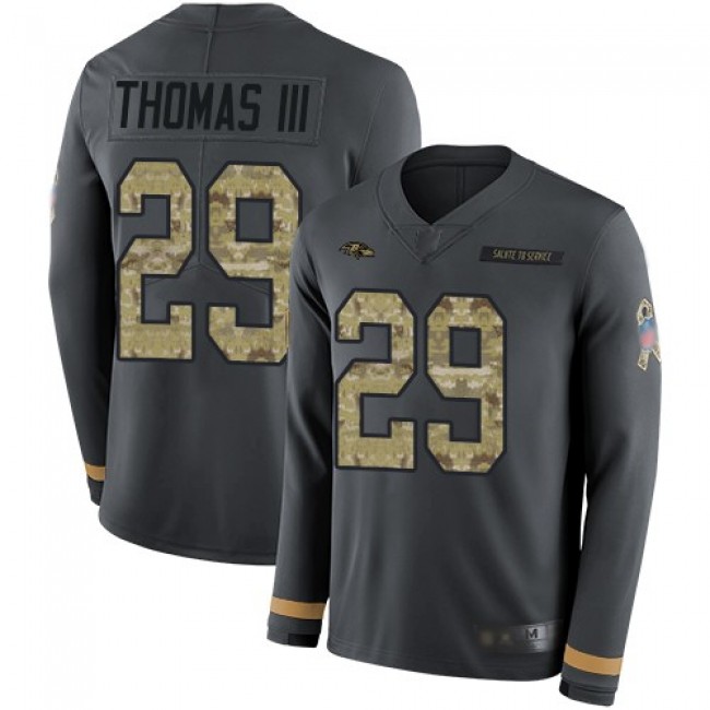 Nike Ravens #29 Earl Thomas III Anthracite Salute to Service Men's Stitched NFL Limited Therma Long Sleeve Jersey