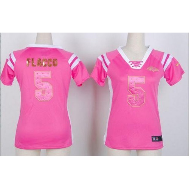 Women's Ravens #5 Joe Flacco Pink Stitched NFL Elite Draft Him Shimmer Jersey