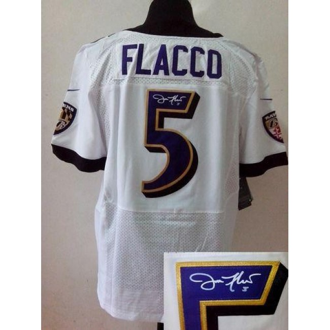 Nike Ravens #5 Joe Flacco White Men's Stitched NFL Elite Autographed Jersey