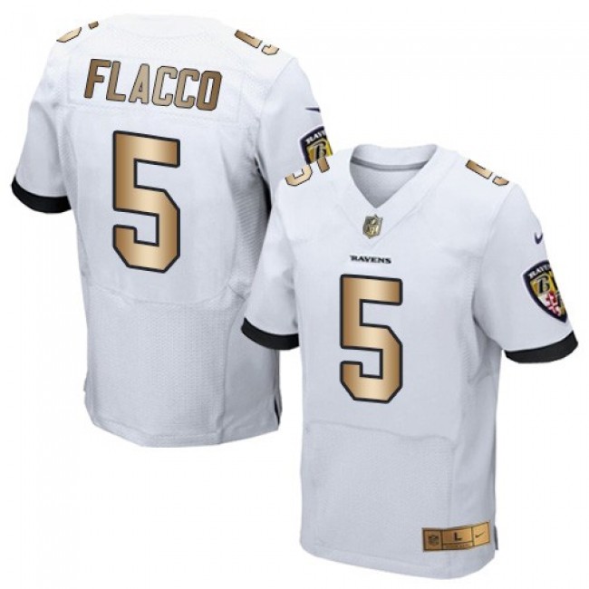 Nike Ravens #5 Joe Flacco White Men's Stitched NFL New Elite Gold Jersey