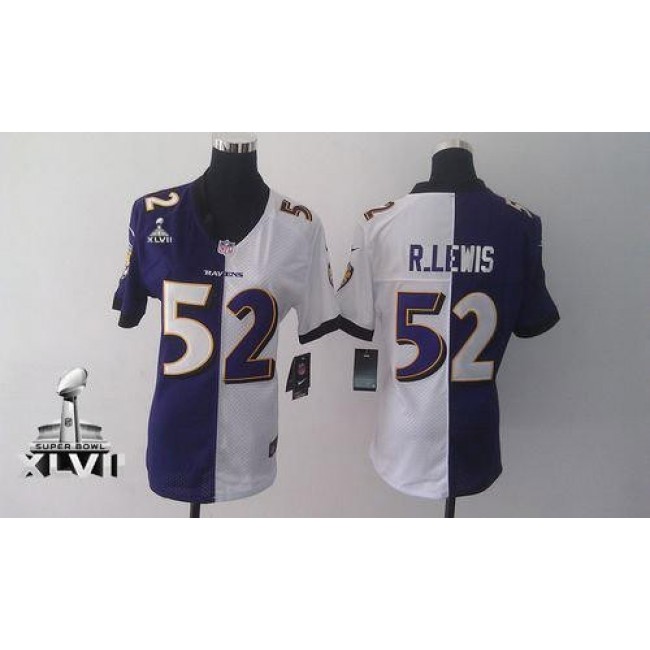 Women's Ravens #52 Ray Lewis Purple White Super Bowl XLVII Stitched NFL Elite Split Jersey