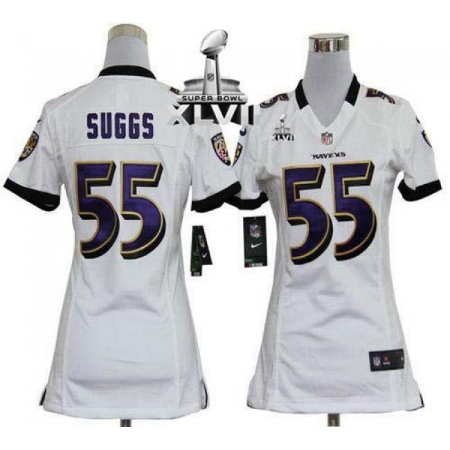 Women's Ravens #55 Terrell Suggs White Super Bowl XLVII Stitched NFL Elite Jersey