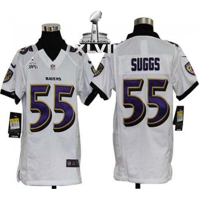 Baltimore Ravens #55 Terrell Suggs White Super Bowl XLVII Youth Stitched NFL Elite Jersey