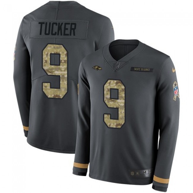 Nike Ravens #9 Justin Tucker Anthracite Salute to Service Men's Stitched NFL Limited Therma Long Sleeve Jersey