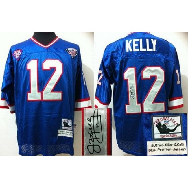 Mitchell And Ness Autographed Bills #12 Jim Kelly Blue(35th) Stitched Throwback NFL Jersey