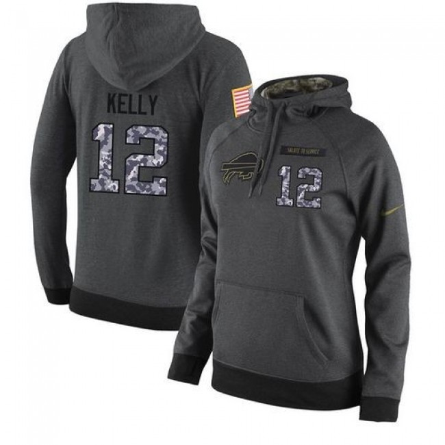Women's NFL Buffalo Bills #12 Jim Kelly Stitched Black Anthracite Salute to Service Player Hoodie Jersey