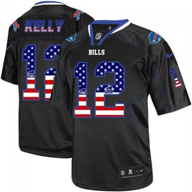 Nike Bills #12 Jim Kelly Black Men's Stitched NFL Elite USA Flag Fashion Jersey