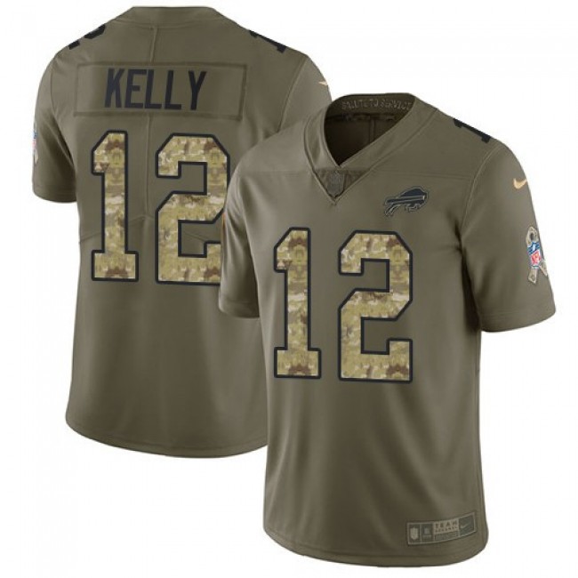 Nike Bills #12 Jim Kelly Olive/Camo Men's Stitched NFL Limited 2017 Salute To Service Jersey