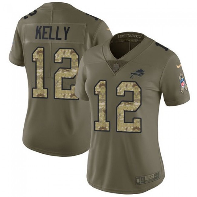 Women's Bills #12 Jim Kelly Olive Camo Stitched NFL Limited 2017 Salute to Service Jersey