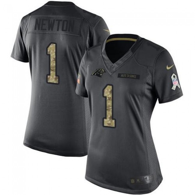 Women's Panthers #1 Cam Newton Black Stitched NFL Limited 2016 Salute to Service Jersey