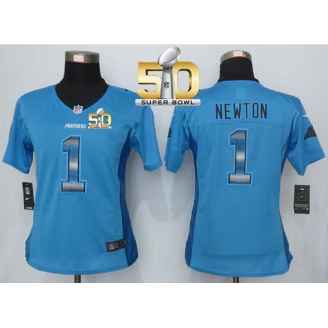 Women's Panthers #1 Cam Newton Blue Alternate Super Bowl 50 Stitched NFL Elite Strobe Jersey