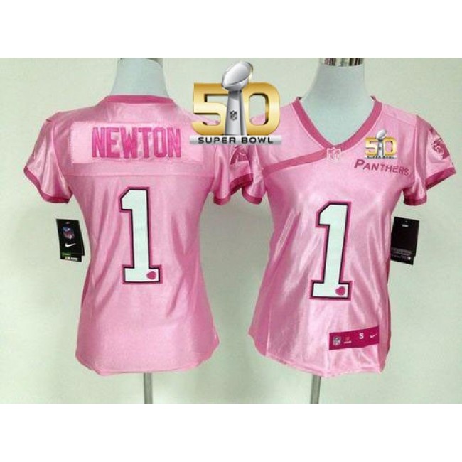 Women's Panthers #1 Cam Newton New Pink Super Bowl 50 Be Luv'd Stitched NFL Elite Jersey