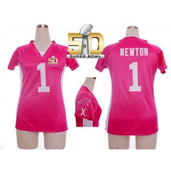 Women's Panthers #1 Cam Newton Pink Draft Him Name Number Top Super Bowl 50 Stitched NFL Elite Jersey