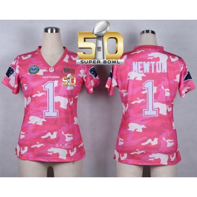 Women's Panthers #1 Cam Newton Pink Super Bowl 50 Stitched NFL Elite Camo Jersey