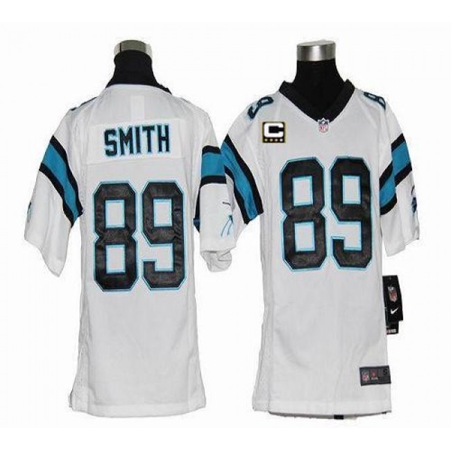 Carolina Panthers #89 Steve Smith White With C Patch Youth Stitched NFL Elite Jersey