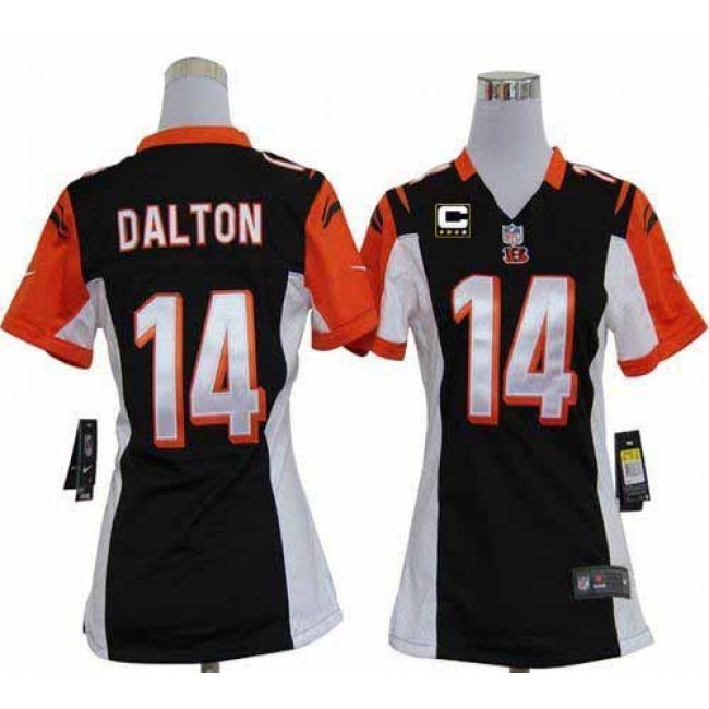 Women's Bengals #14 Andy Dalton Black Team Color With C Patch Stitched NFL Elite Jersey