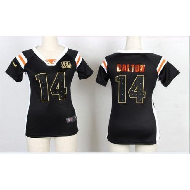 Women's Bengals #14 Andy Dalton Black Team Color Stitched NFL Elite Draft Him Shimmer Jersey