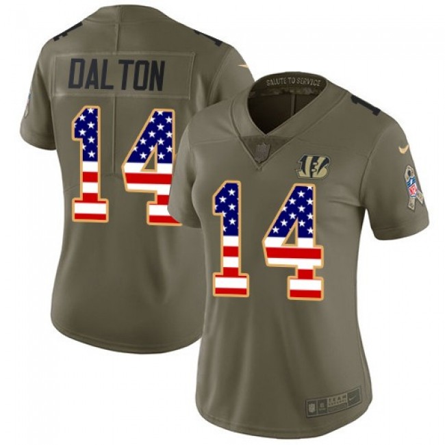 Women's Bengals #14 Andy Dalton Olive USA Flag Stitched NFL Limited 2017 Salute to Service Jersey