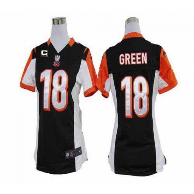 Women's Bengals #18 AJ Green Black Team Color With C Patch Stitched NFL Elite Jersey