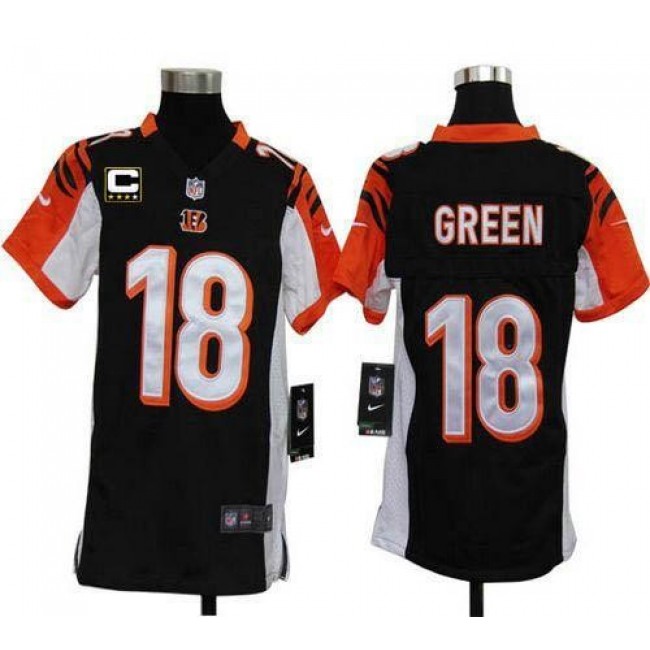 Cincinnati Bengals #18 A.J. Green Black Team Color With C Patch Youth Stitched NFL Elite Jersey