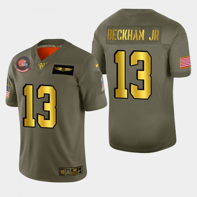 Nike Browns #13 Odell Beckham Jr. Men's Olive Gold 2019 Salute to Service NFL 100 Limited Jersey