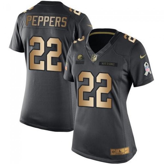 Women's Browns #22 Jabrill Peppers Black Stitched NFL Limited Gold Salute to Service Jersey