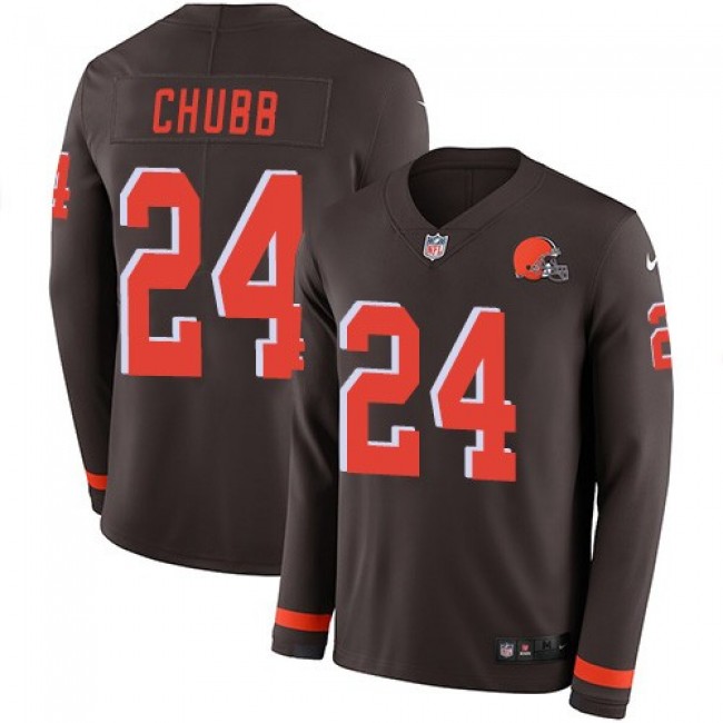 Nike Browns #24 Nick Chubb Brown Team Color Men's Stitched NFL Limited Therma Long Sleeve Jersey
