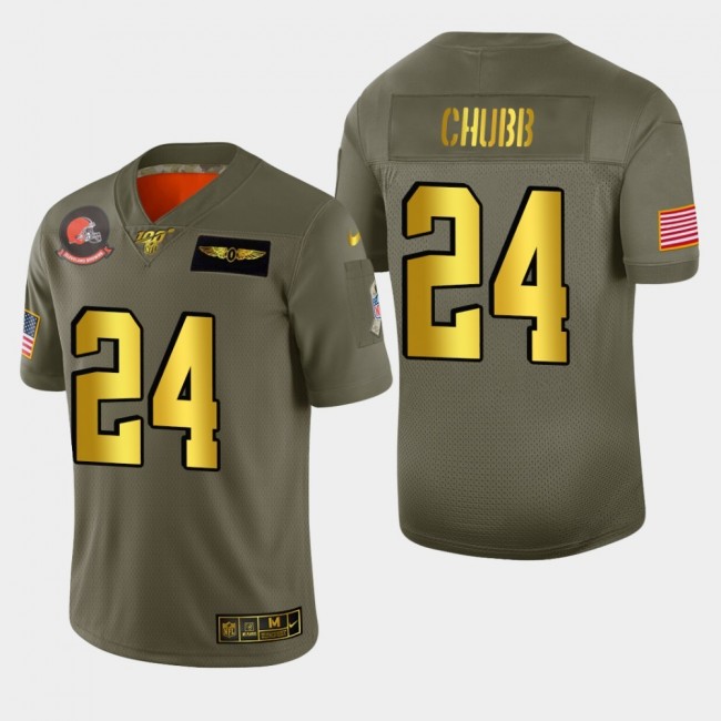 Nike Browns #24 Nick Chubb Men's Olive Gold 2019 Salute to Service NFL 100 Limited Jersey