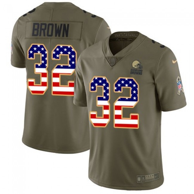 Nike Browns #32 Jim Brown Olive/USA Flag Men's Stitched NFL Limited 2017 Salute To Service Jersey