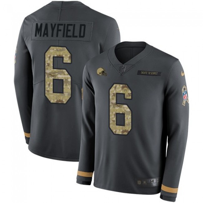Nike Browns #6 Baker Mayfield Anthracite Salute to Service Men's Stitched NFL Limited Therma Long Sleeve Jersey