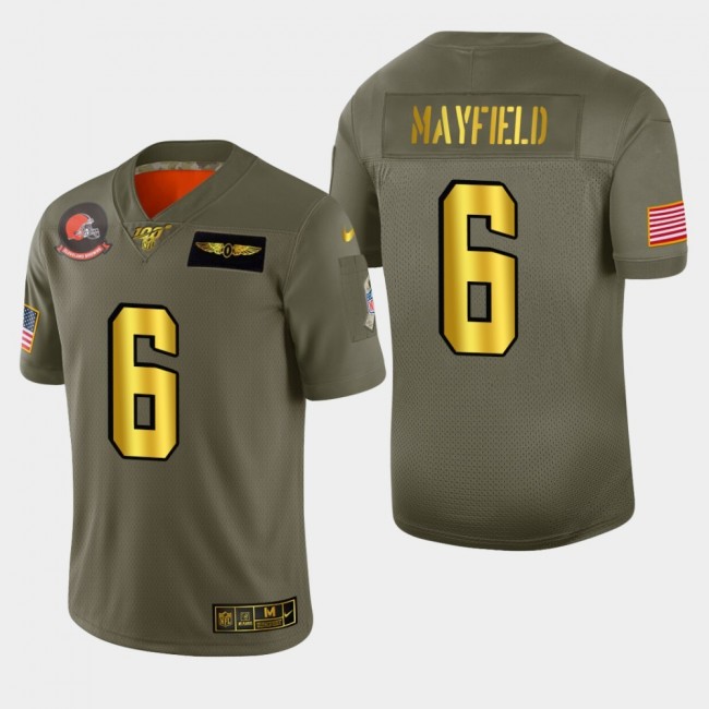 Nike Browns #6 Baker Mayfield Men's Olive Gold 2019 Salute to Service NFL 100 Limited Jersey