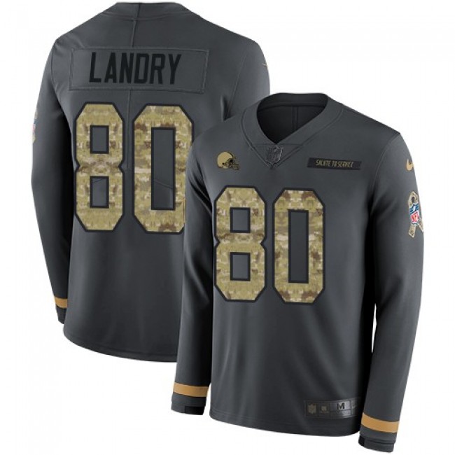Nike Browns #80 Jarvis Landry Anthracite Salute to Service Men's Stitched NFL Limited Therma Long Sleeve Jersey