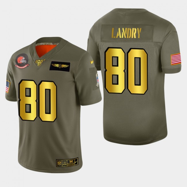 Nike Browns #80 Jarvis Landry Men's Olive Gold 2019 Salute to Service NFL 100 Limited Jersey