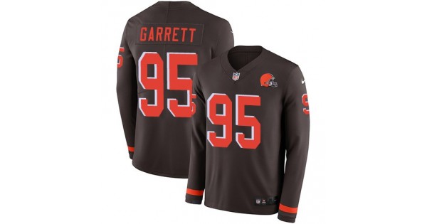 الرمز السري Nike Browns #95 Myles Garrett Brown Team Color Men's Stitched NFL Limited Therma Long Sleeve Jersey الرمز السري