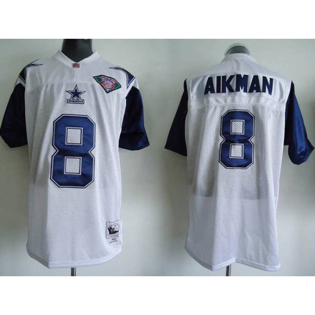 Mitchell & Ness Cowboys #8 Troy Aikman White Stitched Throwback NFL Jersey