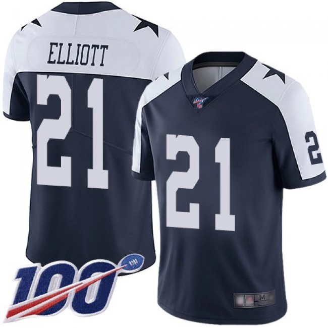 Nike Cowboys #21 Ezekiel Elliott Navy Blue Thanksgiving Men's Stitched NFL 100th Season Vapor Throwback Limited Jersey