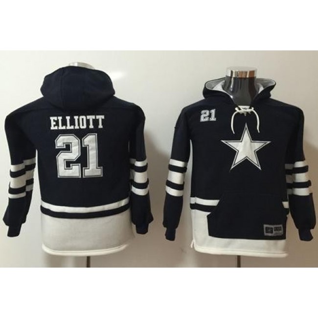 Dallas Cowboys #21 Ezekiel Elliott Navy-White Youth Name Number Pullover NFL Hoodie Jersey