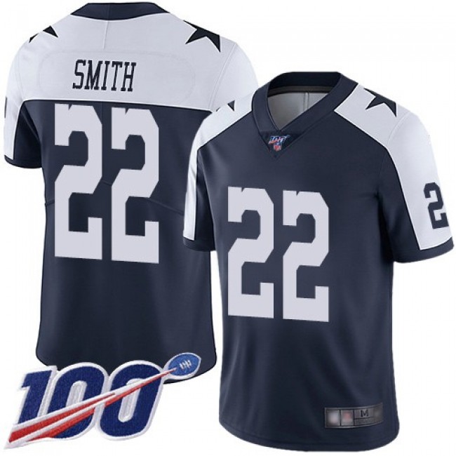 Nike Cowboys #22 Emmitt Smith Navy Blue Thanksgiving Men's Stitched NFL 100th Season Vapor Throwback Limited Jersey