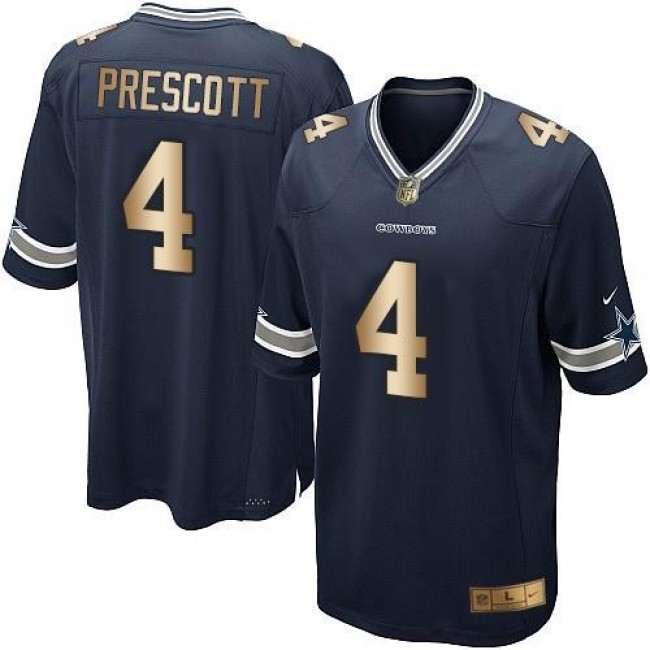 Dallas Cowboys #4 Dak Prescott Navy Blue Team Color Youth Stitched NFL Elite Gold Jersey