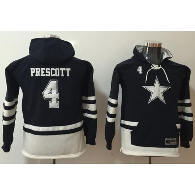 Dallas Cowboys #4 Dak Prescott Navy-White Youth Name Number Pullover NFL Hoodie Jersey