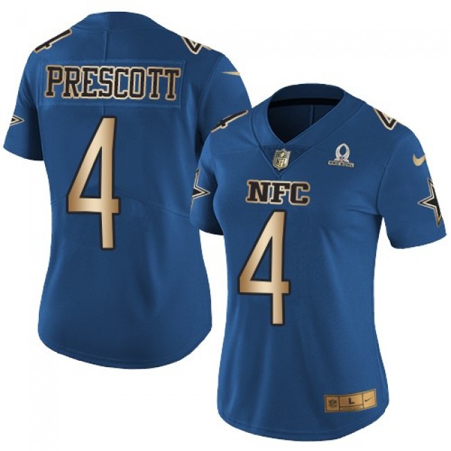Women's Cowboys #4 Dak Prescott Navy Stitched NFL Limited Gold NFC 2017 Pro Bowl Jersey