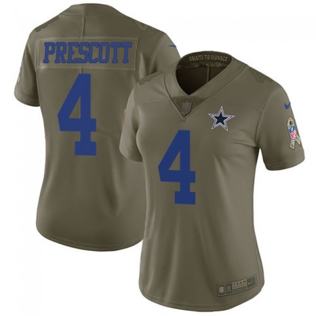 Women's Cowboys #4 Dak Prescott Olive Stitched NFL Limited 2017 Salute to Service Jersey
