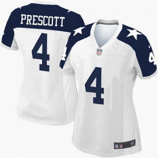 Women's Cowboys #4 Dak Prescott White Thanksgiving Throwback Stitched NFL Elite Jersey