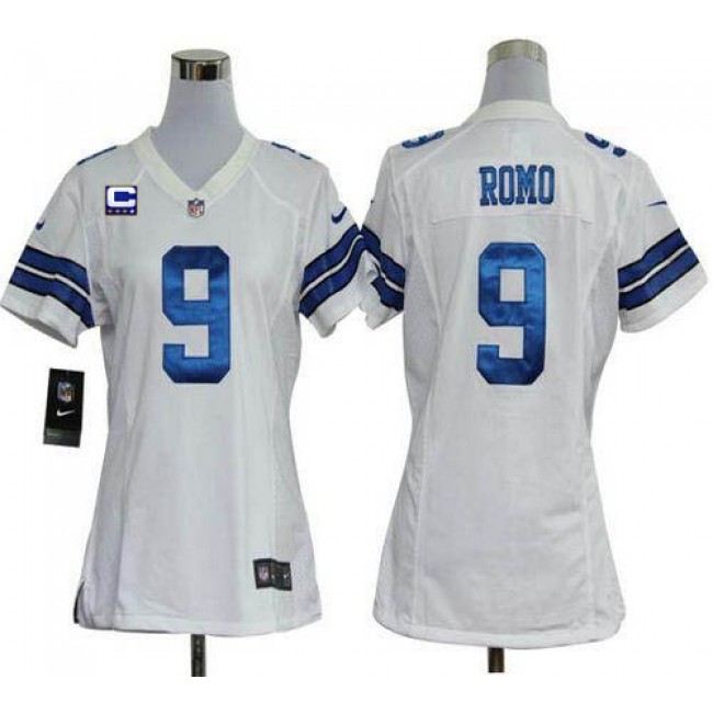 Women's Cowboys #9 Tony Romo White With C Patch Stitched NFL Elite Jersey