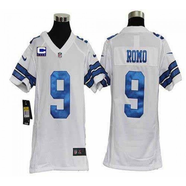 Dallas Cowboys #9 Tony Romo White With C Patch Youth Stitched NFL Elite Jersey
